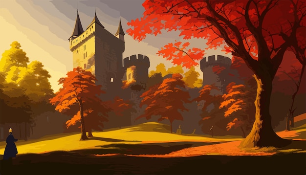 Un grand château avec une tour au sommet d'une colline entourée d'arbres d'automne illustration vectorielle