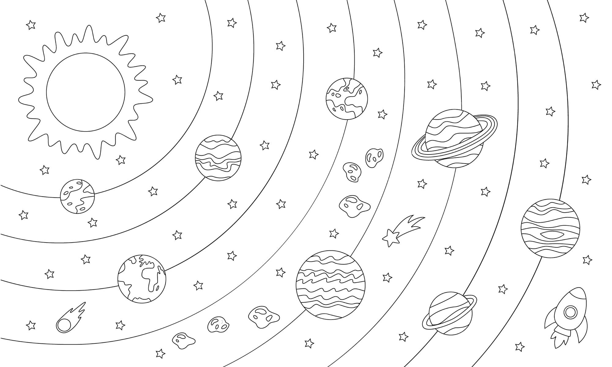 Coloriage Planete Systeme Solaire Grand Coloriage Avec Les Planètes Du Système Solaire Et De L'étoile. Image En Noir Et Blanc. | Vecteur Premium