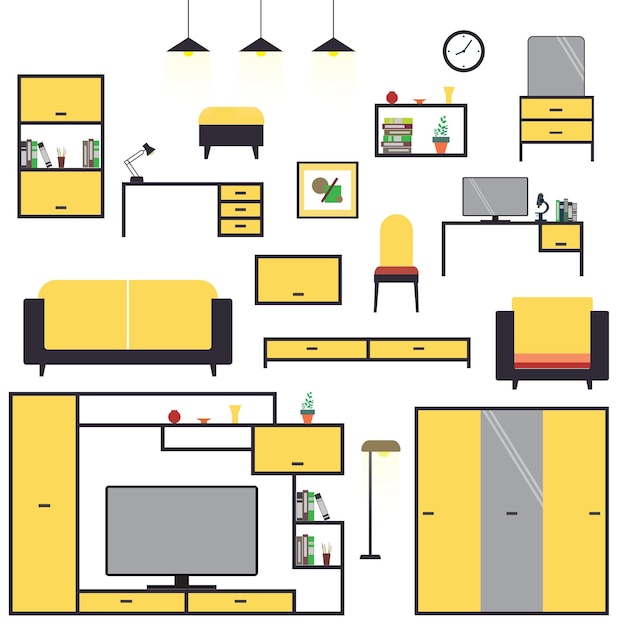 Grand Dessin Animé Set De Meubles Isolés Sur Fond Blanc Illustration Vectorielle Plate
