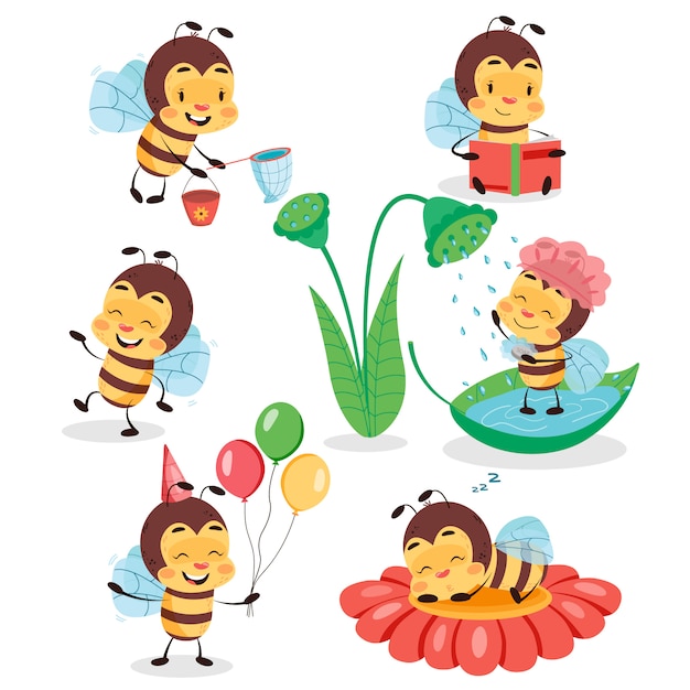 Grand Ensemble D'abeilles Mignonnes Sur Fond Isolé Blanc. Illustration De Conception De Caractère Enfants Abeille.