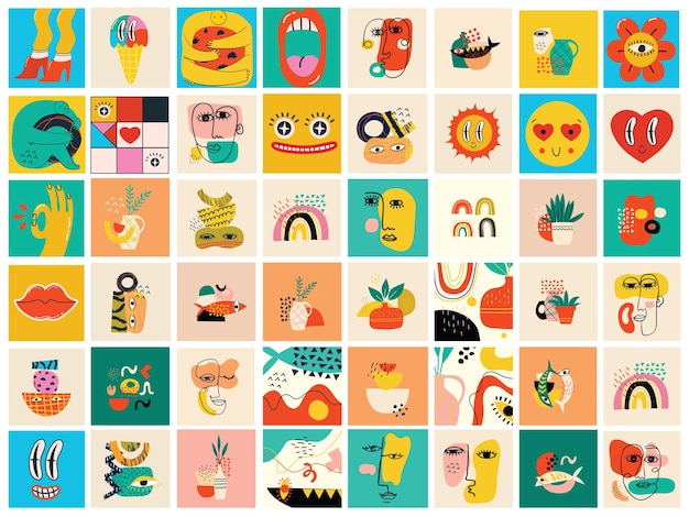 Grand ensemble d'affiches d'illustration vectorielle de différentes couleurs au design plat de dessin animé. Formes folles abstraites dessinées à la main, visages, texture différente, personnages comiques mignons et drôles.