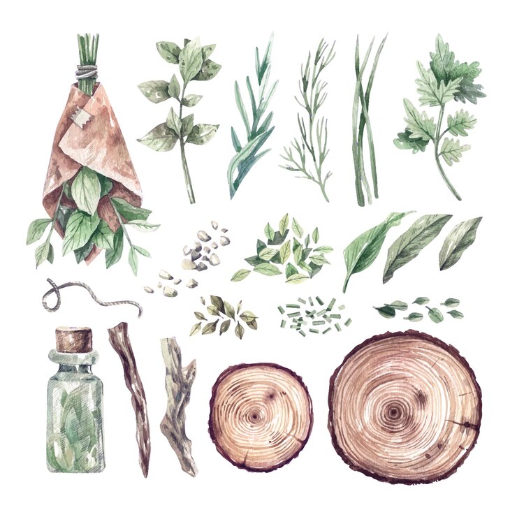 Grand ensemble aquarelle d'herbes, bouteilles médicales, huiles. Illustrations dessinées à la main de plantes médicinales biologiques et d'ustensiles de rangement. Santé et soins personnels