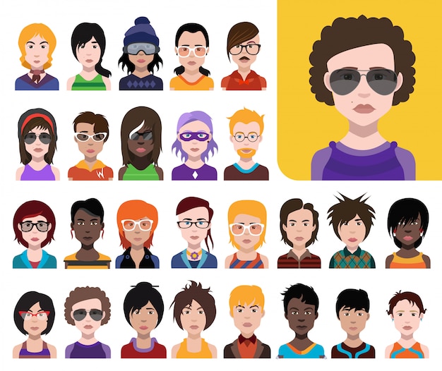 Vecteur grand ensemble d'avatars de personnes dans un style plat vector femmes, hommes avec fond de couleur