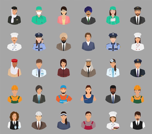 Grand ensemble d'avatars de personnes avec une occupation différente. Employé et travailleurs font face à des personnages.