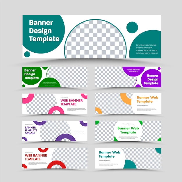 Grand ensemble de bannières Web blanches horizontales avec des éléments de conception circulaires multicolores et une place pour une photo. Modèles de taille standard