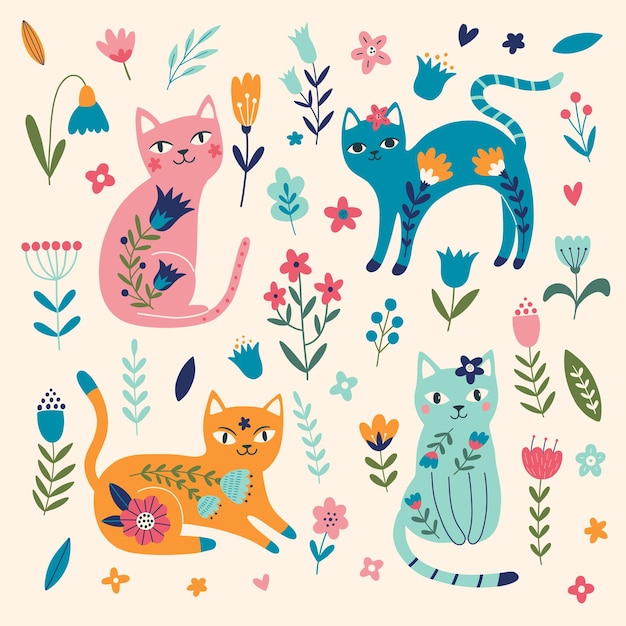 Grand ensemble de chats et de fleurs dessinés à la main