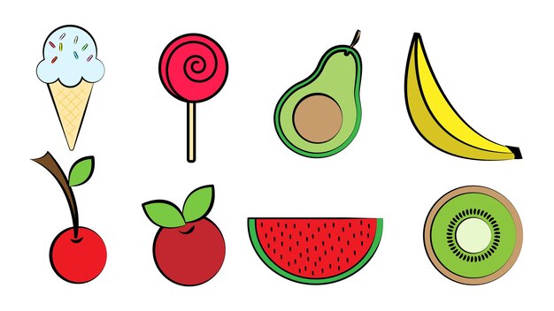 Grand ensemble de délicieux aliments sucrés et traite la crème glacée de restauration rapide traite les baies et les fruits kifi