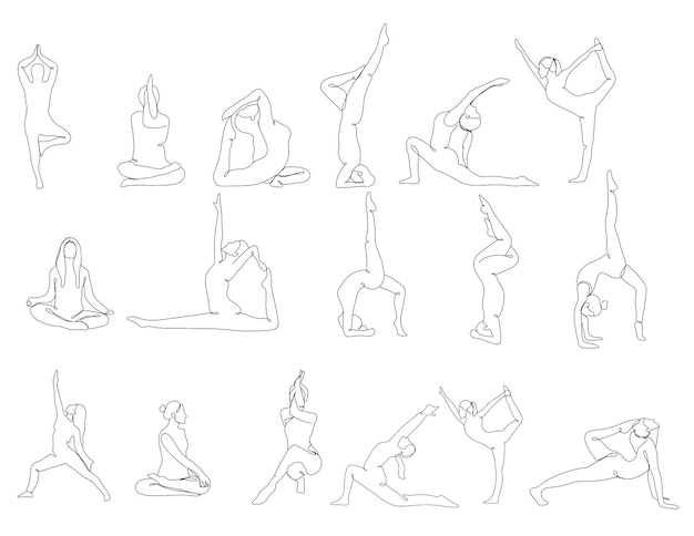 Vecteur grand ensemble dessin au trait continu de femme faisant du yoga.illustration vectorielle