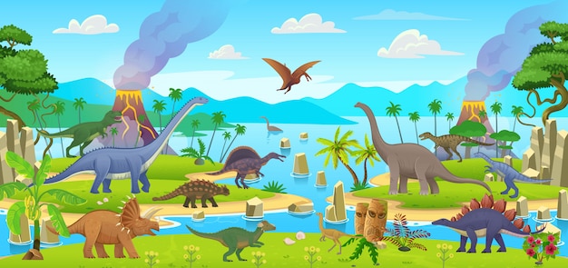 Grand ensemble de dinosaures de dessin animé. Pterodactylus, ankylosaurus, stegosaurus, pachycephalosaurus, spinosaurus, tyrannosaurus, tarbosaurus, triceratops, gallimimus, amphicoelias, diplodocus, plateosaurus