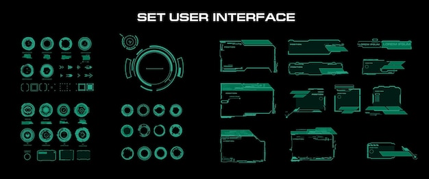 Grand ensemble d'éléments vectoriels verts pour l'interface utilisateur graphique Cadres de dialogue avec des cercles de légendes et des titres pour les écrans modernes ou les jeux vidéo Interface utilisateur numérique HUD moderne