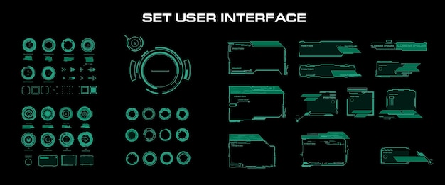 Vecteur grand ensemble d'éléments vectoriels verts pour l'interface utilisateur graphique cadres de dialogue avec des cercles de légendes et des titres pour les écrans modernes ou les jeux vidéo interface utilisateur numérique hud moderne