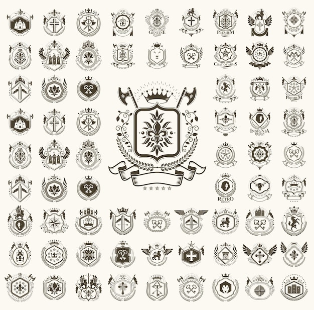 Grand ensemble d'emblèmes de style classique, collection de prix et d'étiquettes de symboles héraldiques anciens, éléments de conception héraldiques classiques, emblèmes familiaux ou commerciaux.