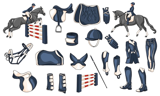 Vecteur grand ensemble d'équipements pour le cavalier et de munitions pour le cavalier sur illustration de cheval en style cartoon. selle, couverture, fouet, vêtements, tapis de selle, protection.