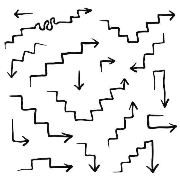 Vecteur grand ensemble de flèches d'escalier dessinées à la main vectorielles symboles d'escalier de haut en bas groupe de flèches en zigzag d'escalator compliqué pour la conception de présentation de diagrammes