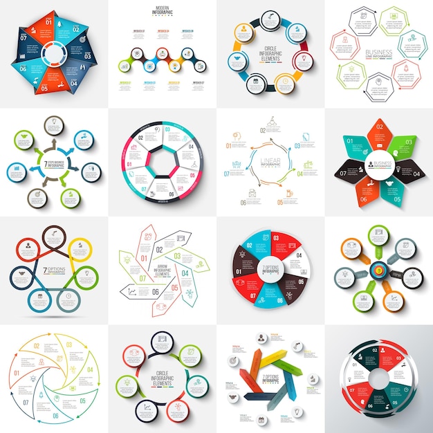 Grand ensemble de flèches heptagones cercles et modèles infographiques d'éléments de cycle avec 7 options
