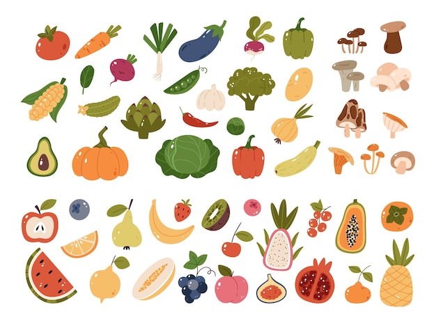 Grand ensemble avec des fruits et légumes dans un style naïf simple poire bleuet