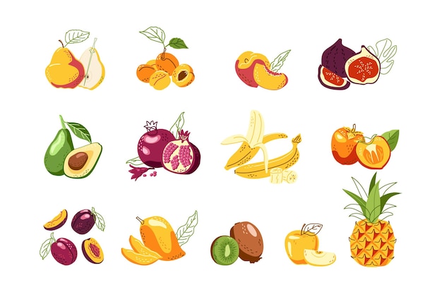 Grand ensemble de fruits populaires pomme ananas kiwi mangue banane Illustration dessinée à la main sur blanc