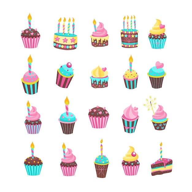 Grand Ensemble De Gâteaux De Clipart Vectoriel Avec Anniversaire De Bougies. Isolé Sur Fond Blanc.