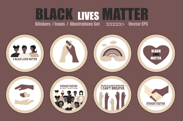 Grand Ensemble D'icônes D'autocollants Blm Black Lives Matter Vector Illustration Ensemble D'autocollants Et D'affiches De Protestation Contre Le Racisme Des Afro-américains Sur Les Droits De L'homme Des Noirs Aux états-unis