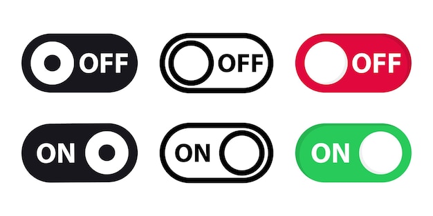 Grand ensemble d'interrupteurs différents. Marche et Arrêt Basculez le format vectoriel du bouton de l'interrupteur. Basculer la diapositive pour l'application mobile, les médias sociaux. Maquette ou modèle d'interface utilisateur des appareils modernes