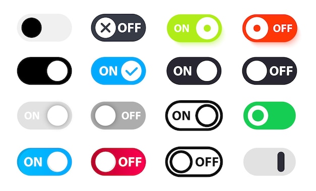 Grand ensemble d'interrupteurs différents. Marche et Arrêt Basculez le format vectoriel du bouton de l'interrupteur. Basculer la diapositive pour l'application mobile, les médias sociaux. Maquette ou modèle d'interface utilisateur des appareils modernes