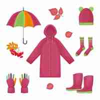 Vecteur un grand ensemble lumineux composé d'accessoires d'automne, tels qu'un parapluie, un imperméable, des chaussettes chaudes, des bottes en caoutchouc, des gants, un chapeau, une feuille rouge d'automne, un sorbier des oiseleurs. symboles d'automne. illustration vectorielle.