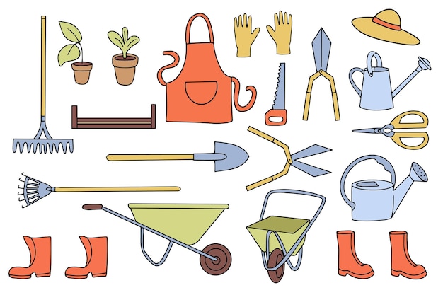 Vecteur grand ensemble d'outils de jardinage dans le style de griffonnerie bouteille d'arrosage hose de seau pêche de fourche pelle broche de broche trotteuse tondeuse ciseaux de taille arbre semis râteau de jardin fourchette et autres icônes linéaires