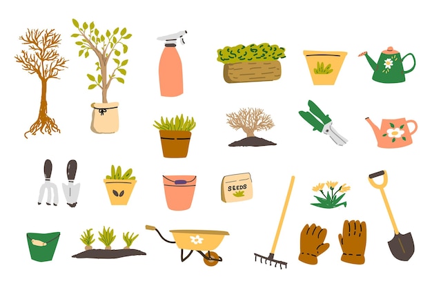 Vecteur grand ensemble d'outils de jardinage de printemps et plante d'arbre dans une illustration vectorielle de pot de boîte jardinage isolé