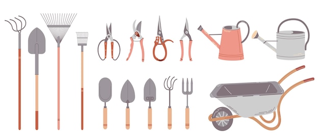 Grand Ensemble D'outils Et D'objets De Jardin Illustrations Dessinées à La Main Isolées Sur Fond Blanc