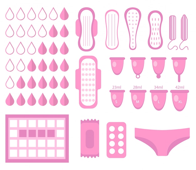 Grand Ensemble Pour La Menstruation, Ensemble D'hygiène Féminine. Coussinets, Protège-slips, Tampons, Coupe Menstruelle. Produits D'hygiène Féminine. Hygiène Féminine. Style. Illustration.