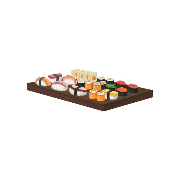 Vecteur grand ensemble de rouleaux de sushi sur assiette en bois cuisine japonaise nourriture asiatique traditionnelle design graphique coloré pour le menu d'un café ou d'un restaurant illustration vectorielle en style plat isolée sur fond blanc