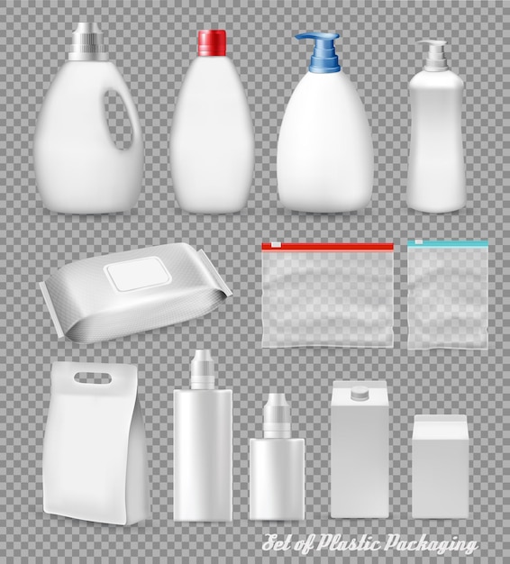 Grand Ensemble De Sacs D'emballage En Plastique Polypropylène Plateau Doypack Distributeur Bouteille Sur Fond Transparent Illustration Vectorielle