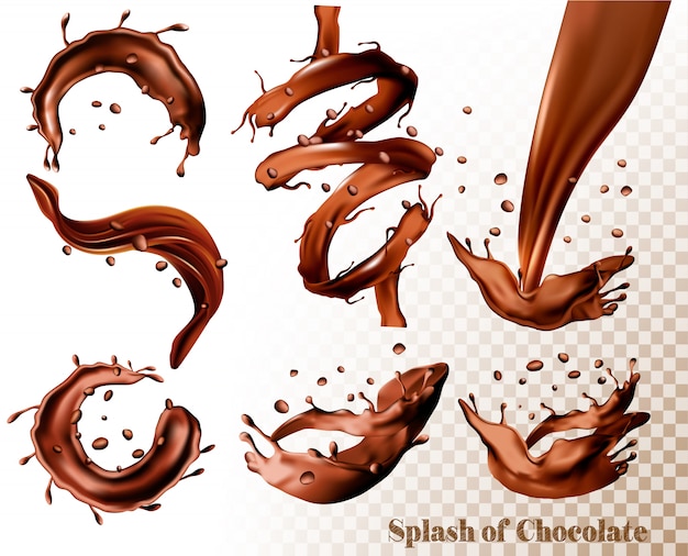 Grand Ensemble De Splash De Chocolat Sur Fond Transparent. Ensemble