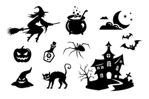 grand ensemble vectoriel de silhouettes noires et d'icônes de créatures de monstres et d'éléments pour halloween