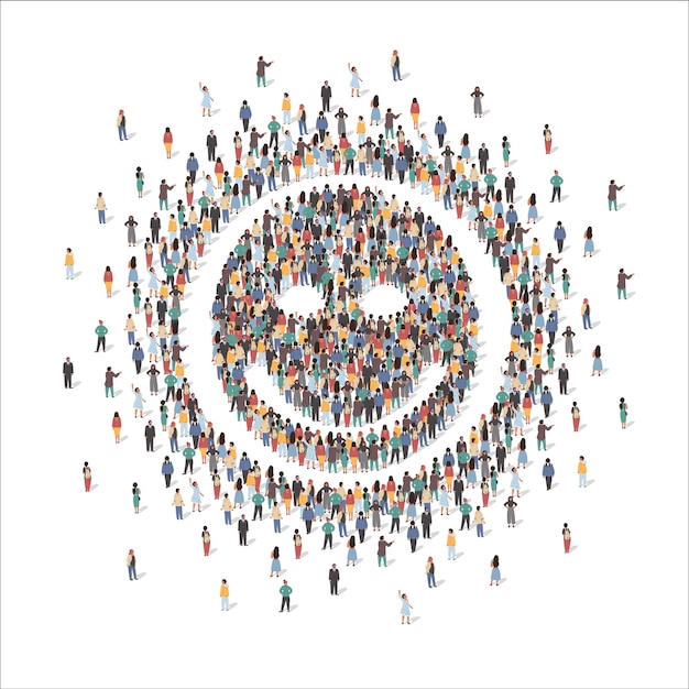 Vecteur un grand groupe de personnes formant un symbole de forme de sourire humain debout ensemble illustration vectorielle plate foule de personnes se rassemblant emoticon souriant emoji symbole de joie et de bonheur