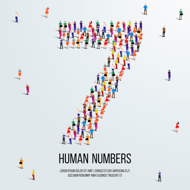 un grand groupe de personnes se forme pour créer le numéro 7 ou sept. police ou nombre de personnes. illustration vectorielle.