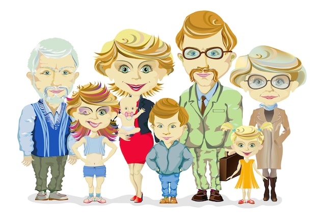 Grand et heureux portrait de famille avec enfants, parents, illustration vectorielle de grands-parents