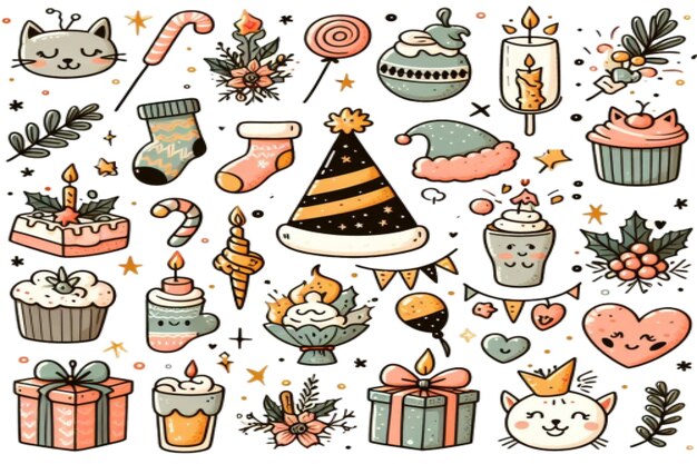 Grand jeu de célébration Party time doodle clipart avec feux d'artifice Party chapeau gâteau d'anniversaire gif de vacances
