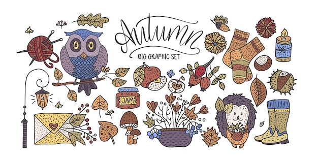 Grand jeu d'icônes d'automne Illustration vectorielle dessinée à la main d'automne confortable