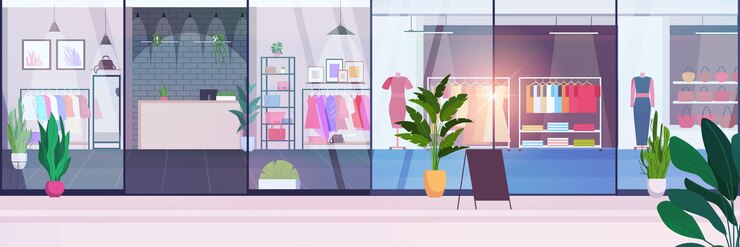 Vecteur grand magasin de mode super marché vêtements féminins bannière intérieure du centre commercial