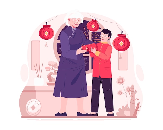 Vecteur une grand-mère donne une enveloppe rouge d'argent chanceux à ses petits-enfants
