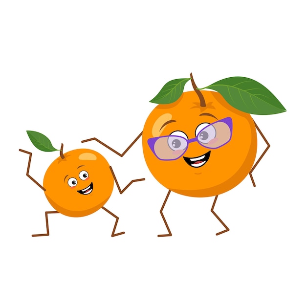 Grand-mère Drôle De Personnage Mignon Et Petit-fils Orange Isolé Sur Fond Blanc. Le Héros Drôle Ou Triste, Des Fruits Et Légumes Brillants Avec Des Lunettes. Télévision Illustration Vectorielle