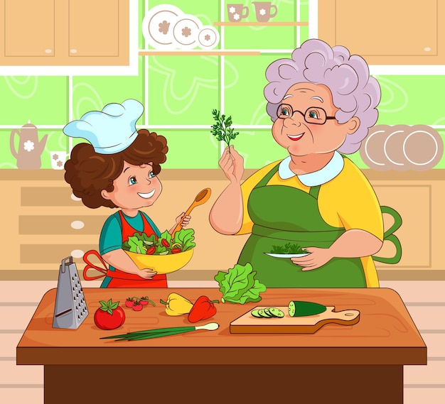 Vecteur grand-mère et petite-fille préparent la salade ensemble dans la cuisine vector illustration cartoon