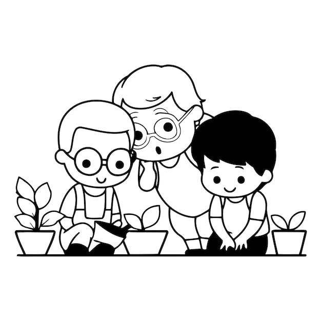 Vecteur une grand-mère et son petit-fils plantent des plantes dans le style des dessins animés.