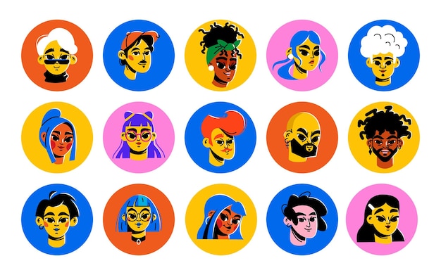 Un Grand Nombre D'avatars De Dessins Animés Lumineux Divers Personnages Multiculturels Visages D'hommes Et De Femmes