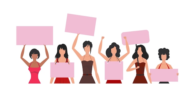Un grand nombre de filles qui sont sorties pour protester La fille rebelle est montrée à la taille Vecteur isolé en style cartoon