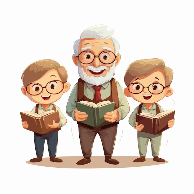 Vecteur grand-père absorbé par la lecture grand-pere avec un livre d'illustration plate