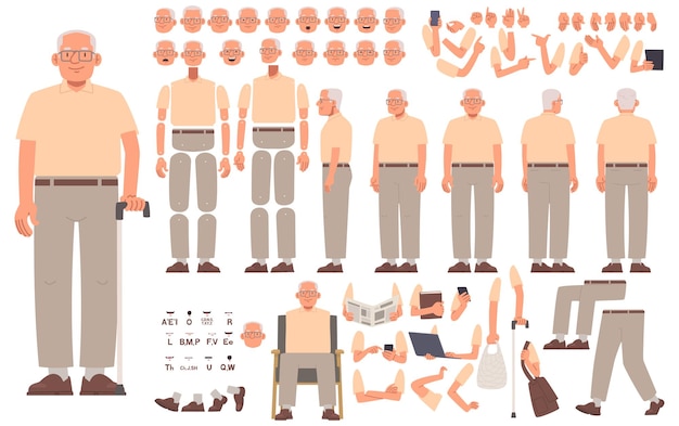 Vecteur grand-père constructeur de personnages pour l'animation homme âgé pose des gestes émotions_ai_générées