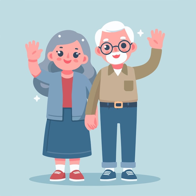 Le grand-père et la grand-mère expriment leur salut dans un style plat simple.
