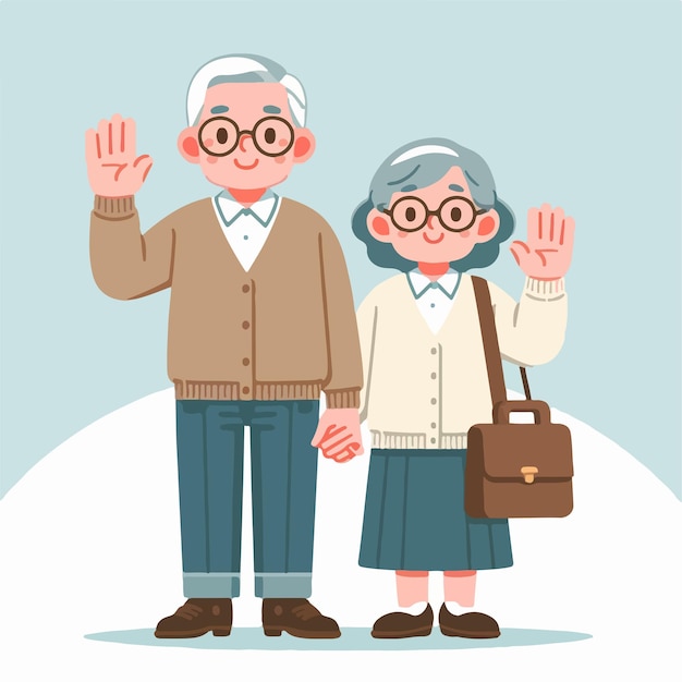 Le grand-père et la grand-mère expriment leur salut dans un style plat simple.